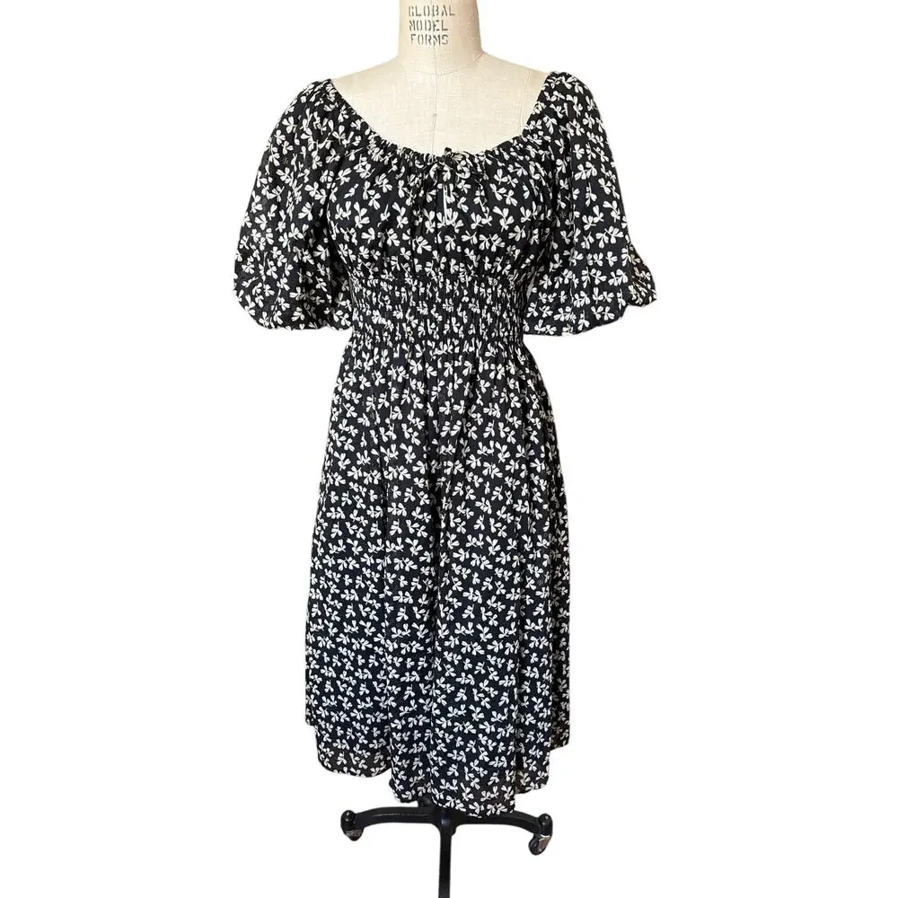 Tory Burch Smocked Midi Dress in Black Little Leaves Size Large
